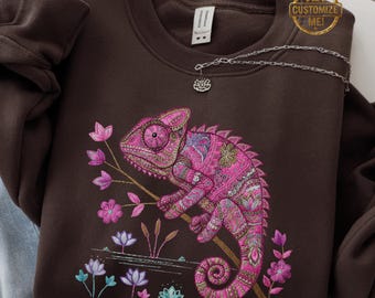 Pink Chameleon Sweatshirt: Boho Lizard Printed Embroidery Look Wildlife Shirt