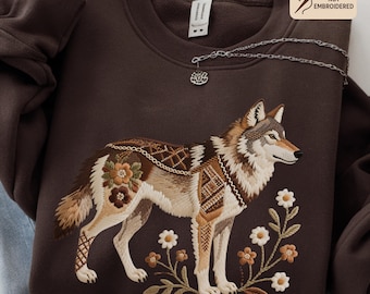 Printed Wild Wolf Sweatshirt: Printed Embroidered Look Wildlife Camping Hiking Adventure Shirt,