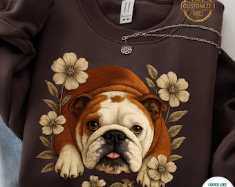 British Bulldog Sweatshirt, Printed Embroidered Look Dog Mom Sweater