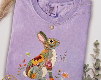 Comfort Colors Rabbit T-Shirt, Printed Faux Embroidered Bunny Shirt Tee