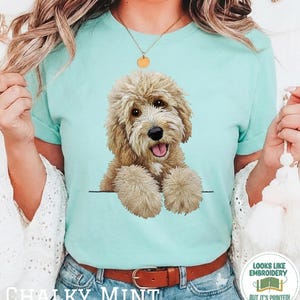 Könnte beinhalten: Hellblaues T-Shirt mit einem lächelnden, flauschigen, hellbraunen Goldendoodle-Hund-Motiv. Der Text "CHALKY MINT" ist unten auf dem Shirt aufgedruckt. Ein kleines rundes Logo lautet "LOOKS LIKE EMBROIDERY BUT IT'S PRINTED!"