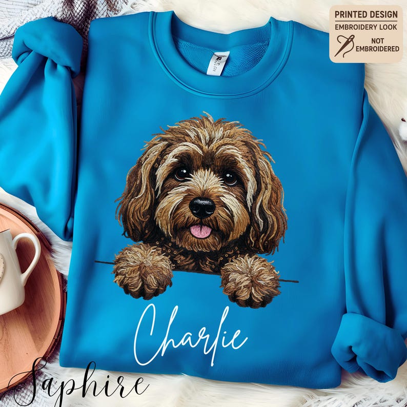 Custom Printed Doodle Dog Sweatshirt, Printed Embroidery Look Labradoodle Cockapoo GoldenDoodle Sweater image 5