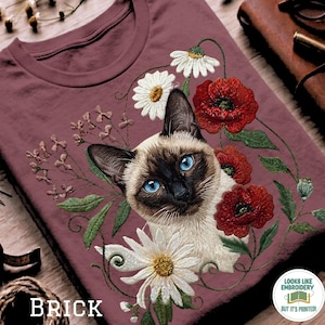 Comfort Colors Siamese Cat Shirt, Boho Cottagecore Printed Embroidered Look T-shirt