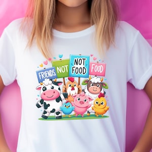 Cute Vegan Kids T-Shirt with Cartoon Cows Sheep Pigs and Chickens - Eco-Friendly Friends - Not Food Tee for Children