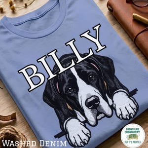 Può includere: Una t-shirt azzurro chiaro con la grafica di un cane bianco e nero con una striscia bianca sul muso. Il nome BILLY è stampato in grandi lettere maiuscole bianche sopra il cane. Un piccolo logo circolare riporta la scritta LOOKS LIKE EMBROIDERY.