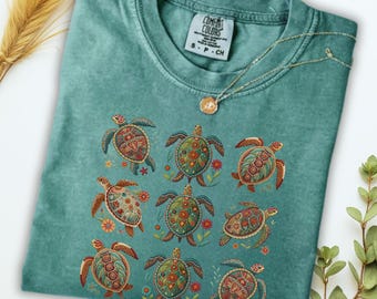 Comfort Colors Tee Turtles Ocean T Shirt, Boho Beach Printed Embroidered Look Shirt