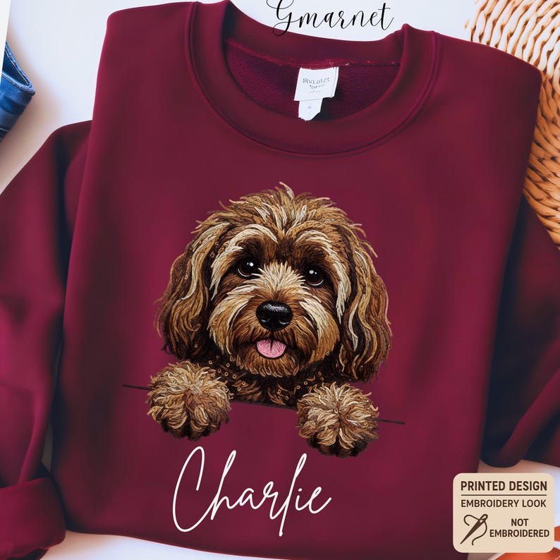 Custom Printed Doodle Dog Sweatshirt, Printed Embroidery Look Labradoodle Cockapoo GoldenDoodle Sweater image 6