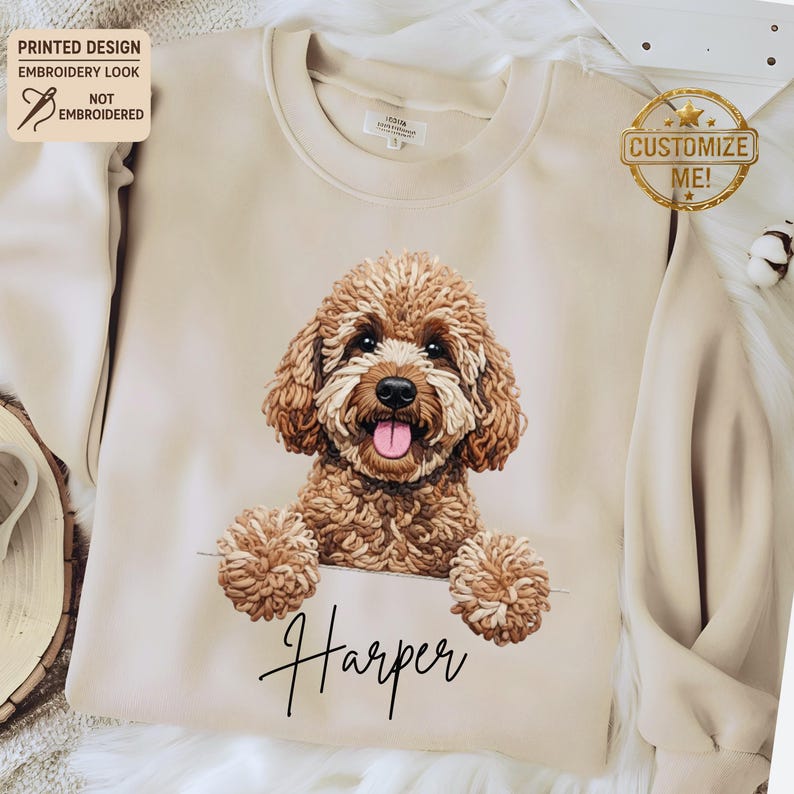 Custom Printed Doodle Dog Sweatshirt, Printed Embroidery Look Labradoodle Cockapoo GoldenDoodle Sweater image 4
