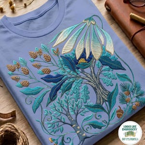 Può includere: Una t-shirt azzurra con una dettagliata stampa botanica di un albero con fiori bianchi pendenti, foglie blu scuro e pigne marroni. Il design include rami e fogliame intricati in tonalità blu e verde acqua, con il testo "LOOKS LIKE EMBROIDERY BUT IT'S PRINTED" in un badge circolare.
