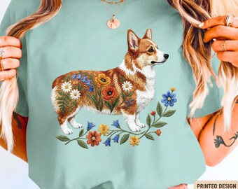 Comfort Colors Corgi Shirt, Printed Embroidered Look  Dog Lover Tee