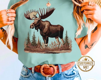 Comfort Colors Moose Embroidered Look T-shirt, Printed Embroidered Look Nature Lover Camping Tee