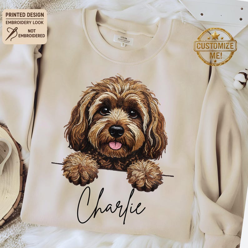Custom Printed Doodle Dog Sweatshirt, Printed Embroidery Look Labradoodle Cockapoo GoldenDoodle Sweater image 4