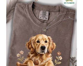 Komfort Farben Golden Retriever Hunde Shirt | Gedruckter Stickerei-Stil Druck | Hund Liebhaber Geschenk