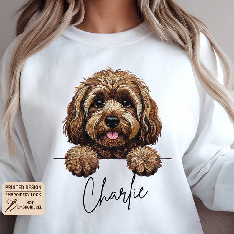 Custom Printed Doodle Dog Sweatshirt, Printed Embroidery Look Labradoodle Cockapoo GoldenDoodle Sweater image 7