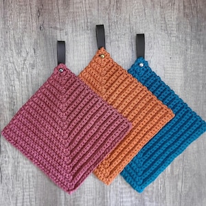 Handcrafted Crochet Vintage Style Pot Holders 100% cotton removable leather strap Mid Century Modern colors hot pad