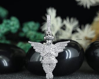 Pingente de Anjo Cravejado de Cravejado em Prata de Lei 925 | Pingente de Asa de Querubim em Moissanita | Colar Hip Hop Religioso Brilhante | Presente para Homens e Mulheres