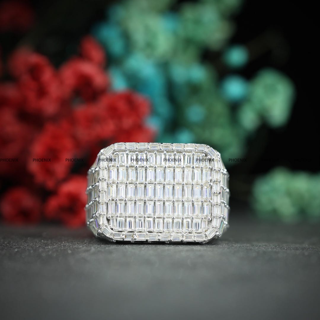 Baugette Rapper Ring Iced Out Baguette Ring for Men, Hip Hop Bling Statement Ring, Wide Iced ...