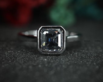 Asscher Cut Moissanite Engagement Ring, 925 Sterling Silver Bezel Set Ring, Vintage Art Deco Solitaire, Minimal Birthday Gift for Her