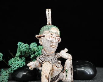 Iced Out Hip Hop Rapper Pendant, 3D Cartoon Rapper Chain Pendant, Cubic Zirconia Bling Necklace Charm, Streetwear Jewelry Gift