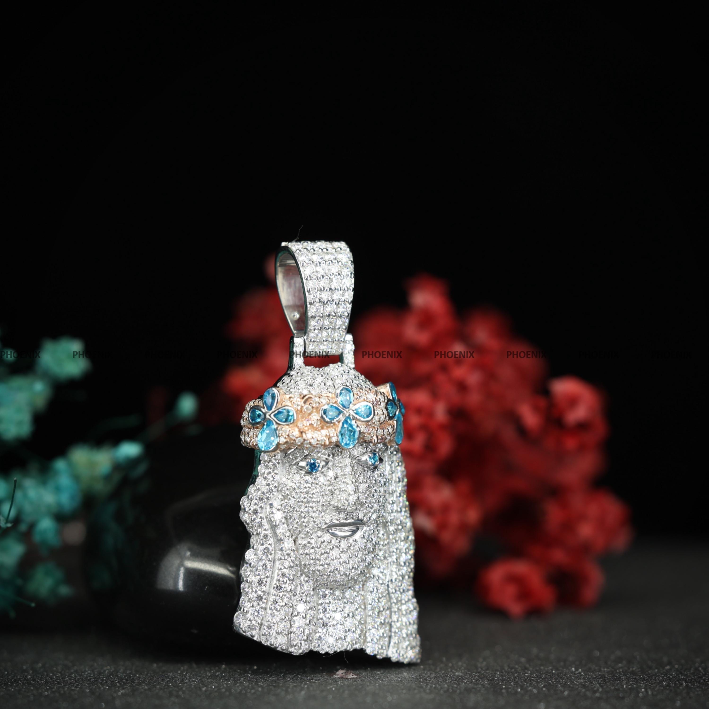 Iced Out Jesus Head Pendant 925 Sterling Silver | Blue Cubic