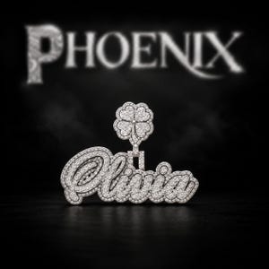 May include: A silver-toned name pendant featuring the name Olivia in cursive script, encrusted with small clear stones. A four-leaf clover charm sits above the name. The word PHOENIX is displayed in large, stylized white text above the pendant.