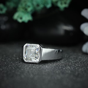 Asscher Cut Moissanite Engagement Ring: Unisex Signet Wedding Band