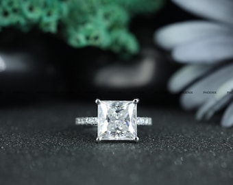 Princess Cut Moissanite Engagement Ring, Sterling Silver Solitaire Ring, Square Bridal Proposal Ring, Anniversary Gift for Her