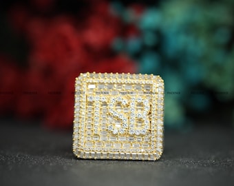 Custom Initial Iced Out Ring for Men, Yellow Gold Plated Moissanite Letter Ring, Hip Hop Bling Statement Ring, Personalized Jewelry Gift