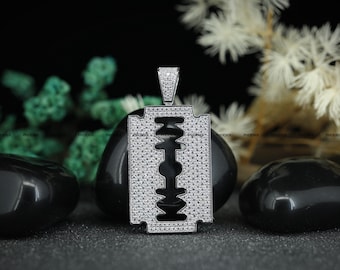 Razor Blade Pendant With Chain 925 Sterling Silver AAA Cubic