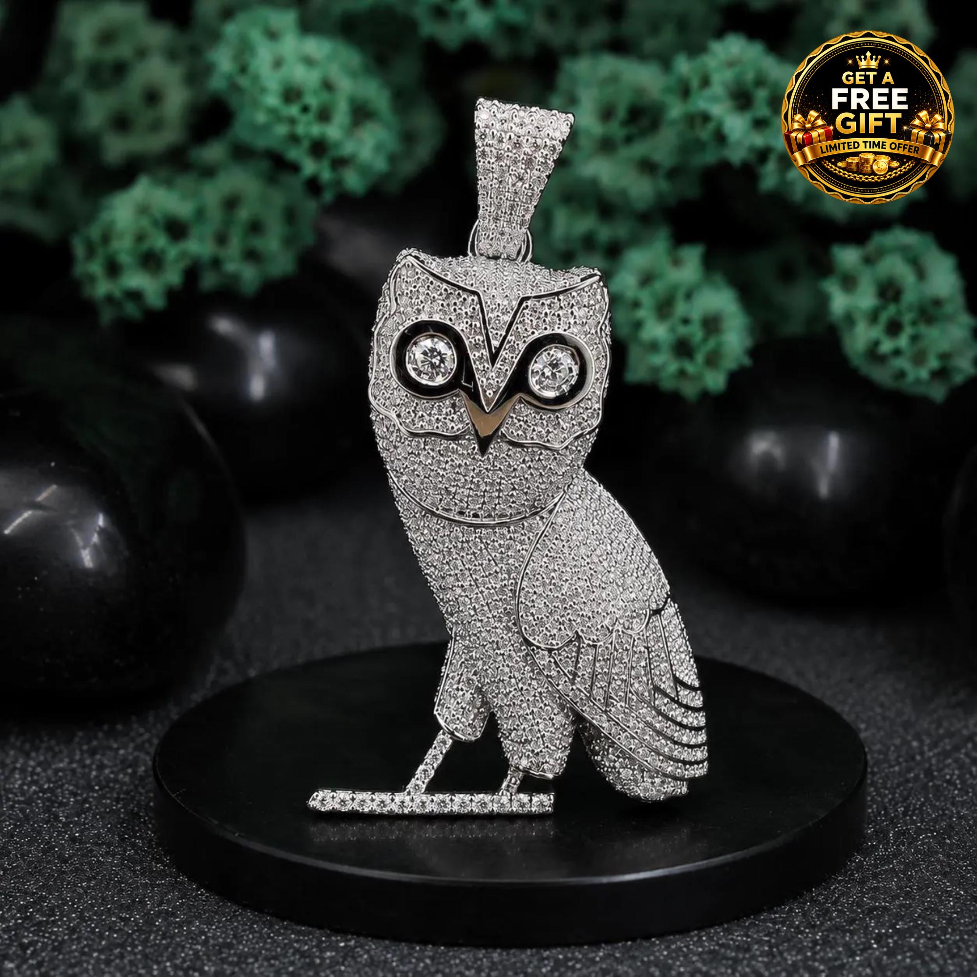 Iced Out Owl Pendant Necklace, Moissanite Hip Hop Pendant, Luxury Bling Animal Jewelry for Men &