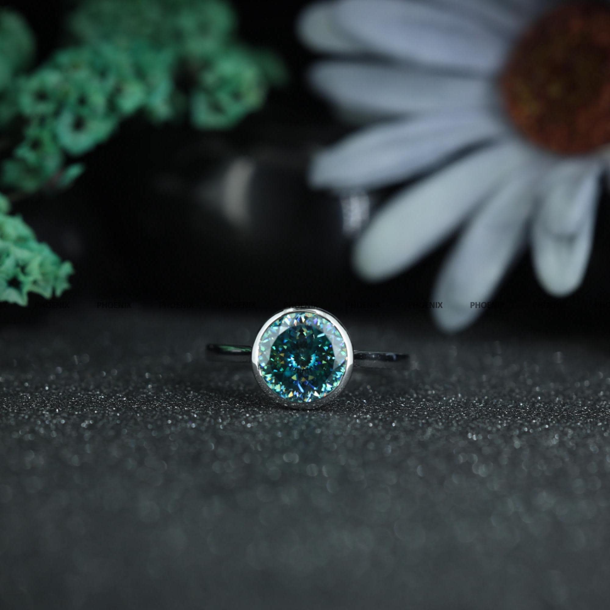 8 mm Cyan Blau Moissanite Ring | Einzigartige Tulip Bezel Solitaire Verlobungsring | "Antike Moissanit ""Promise"" Schmuck."