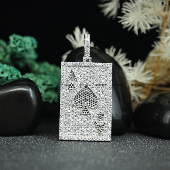 Iced Out Ace of Spades Pendant: 925 Sterling Silver Moissanite