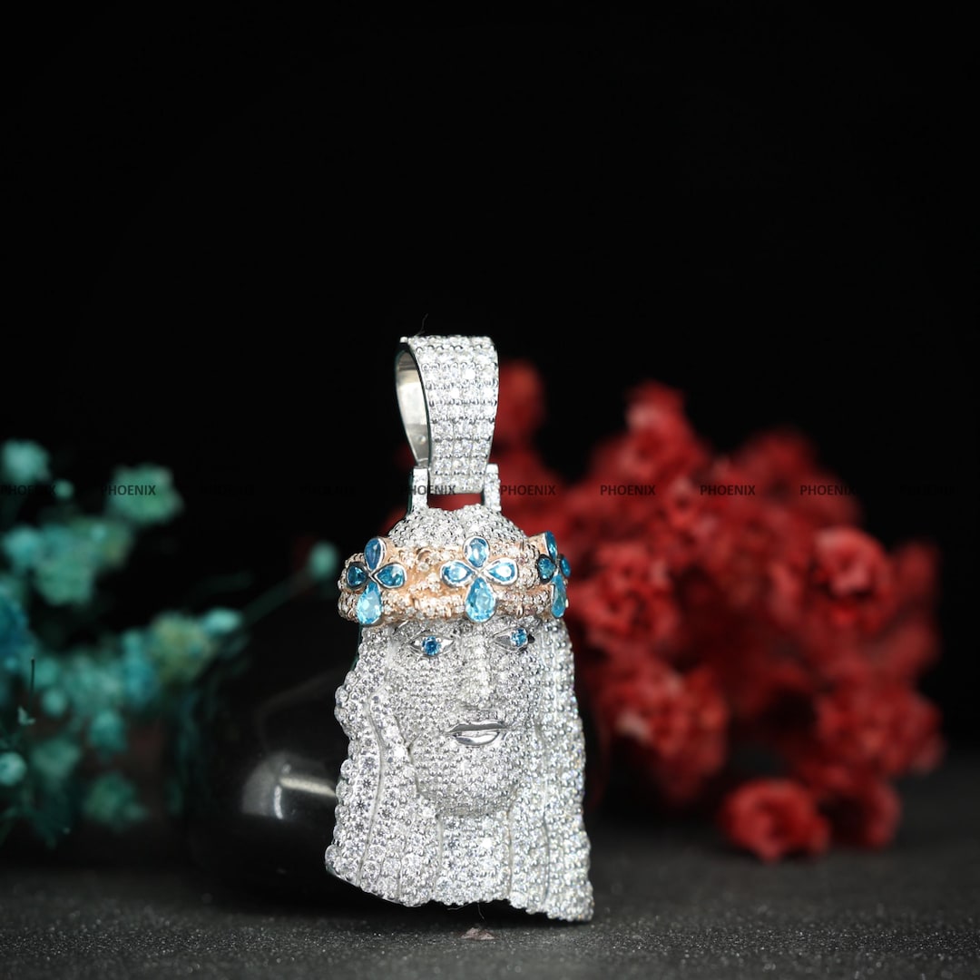 Iced Out Jesus Head Pendant 925 Sterling Silver | Blue Cubic