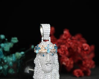 Iced Out Jesus Head Pendant 925 Sterling Silver | Blue Cubic