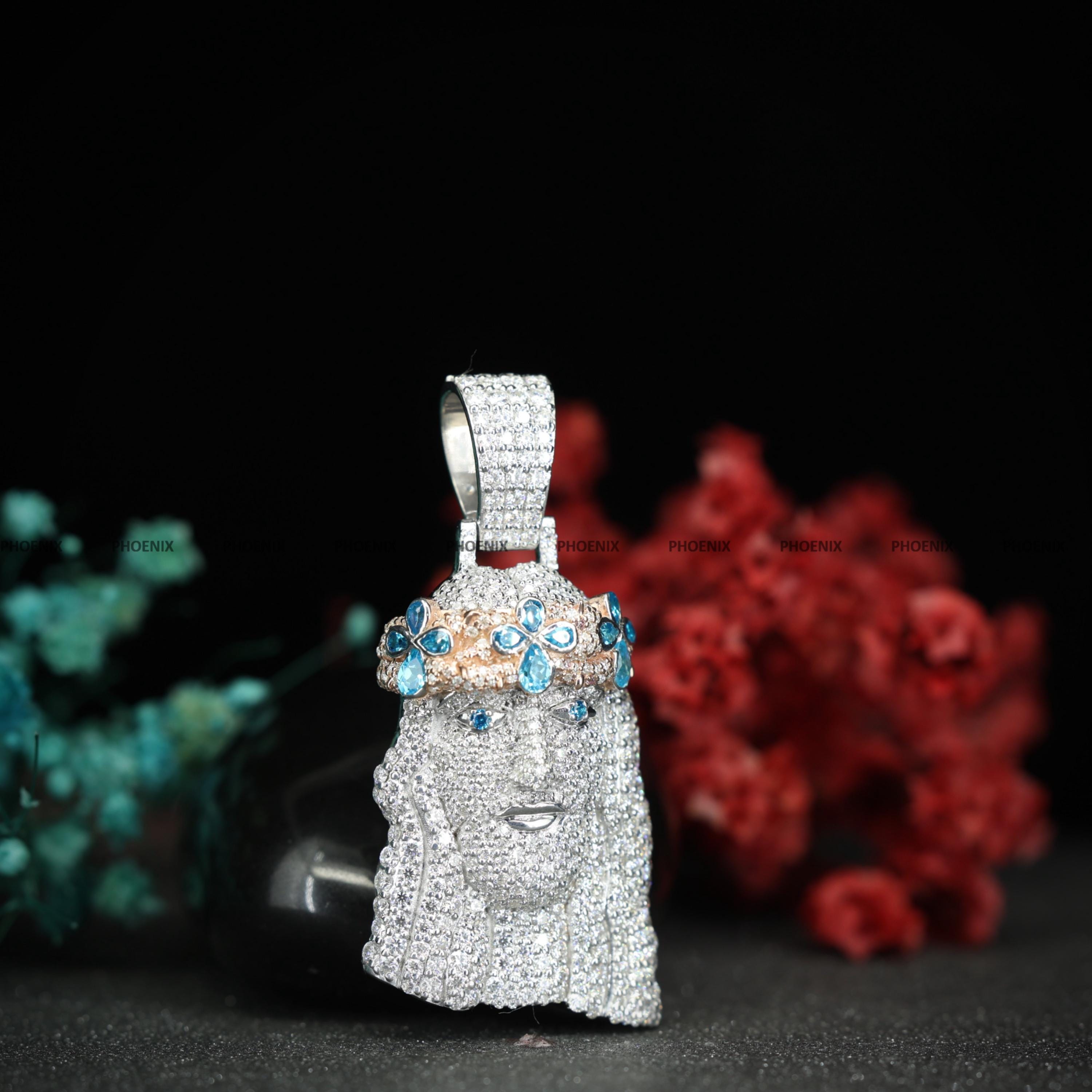 Iced Out Jesus Head Pendant 925 Sterling Silver | Blue Cubic