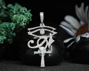 Auge des Horus Ankh Kreuz Anhänger | Moissanite Iced-Out Ägyptische Halskette | 925 Silber Religiöser Schmuck für Männer & Frauen | Unternehmen Phönix