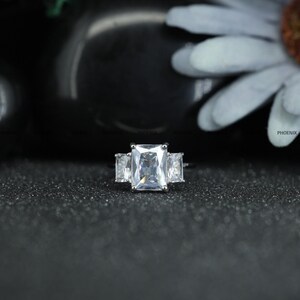 Radiant Cut Moissanite Three Stone Ring | Sterling Silver Engagement Jewelry