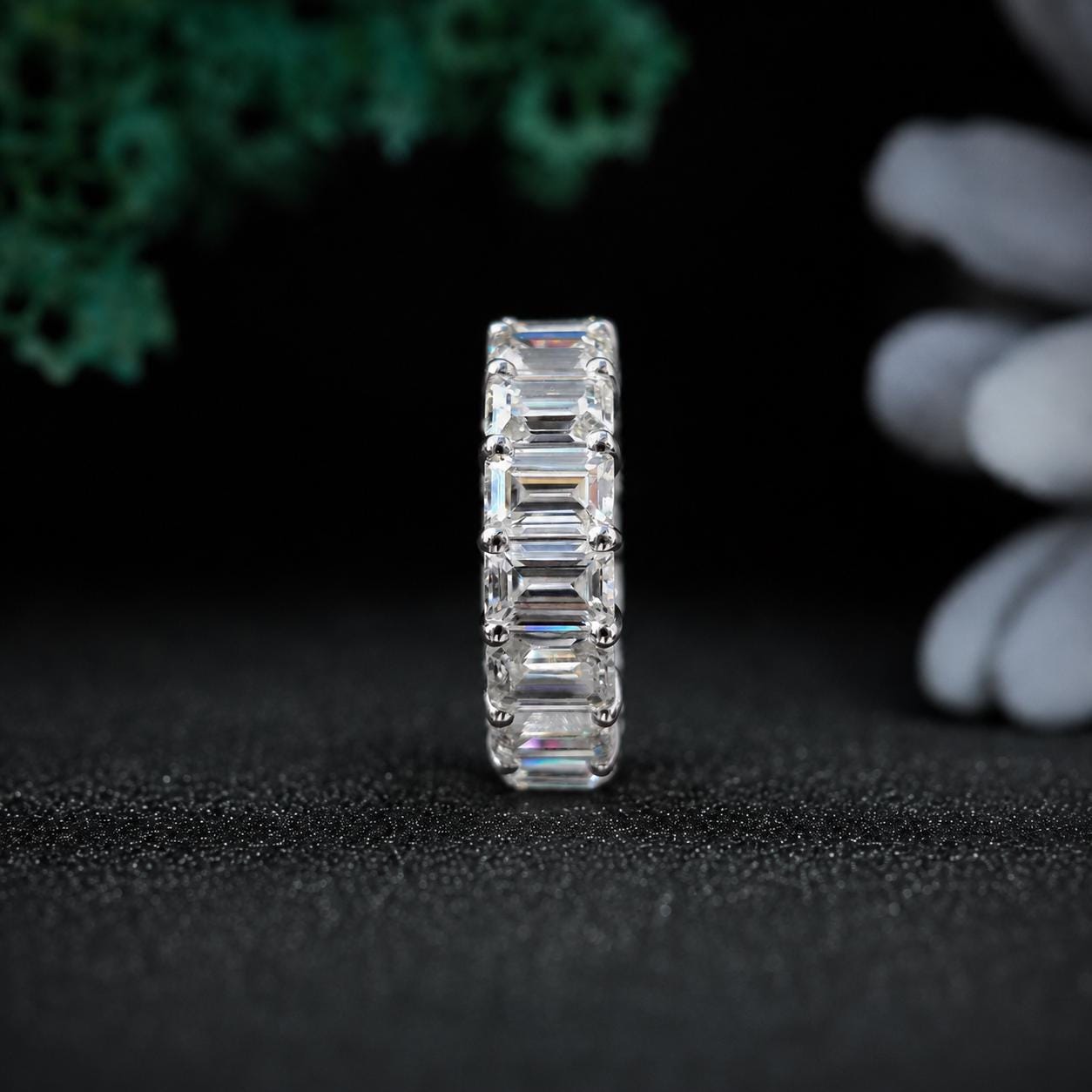 6x4mm Emerald Cut Eternity Band, Moissanite Wedding Band, Full