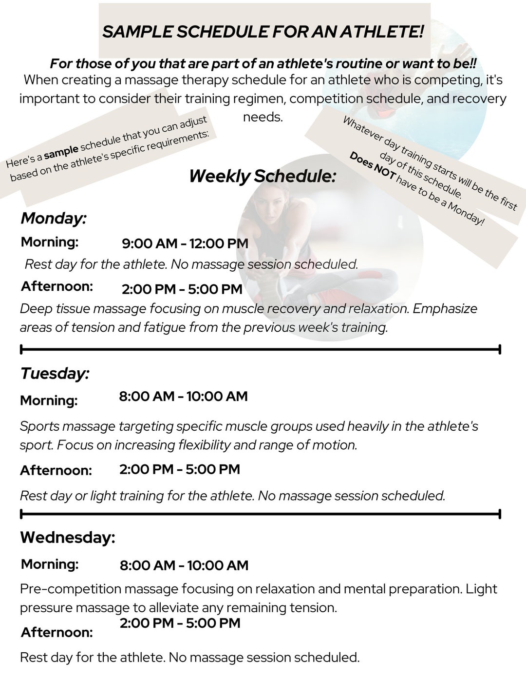 Sample Athlete Schedule for Massage Therapy and Worksheet - Etsy