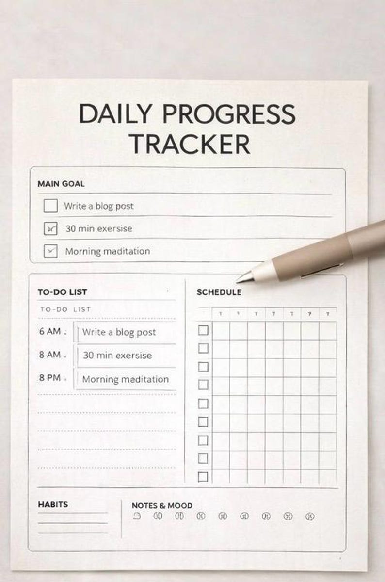 Daily Progress Tracker Printable | Minimal Habit & Productivity Planner ...