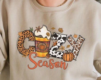 Cozy Season Sweatshirt Retro Fall Jack-o-Lantern Shirt Pumpkin Spice Sweater Cheetah Print T-shirt Womens Holiday Clothes