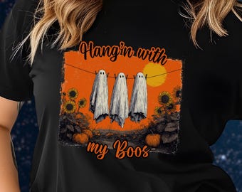 Hanging With My Boos T-Shirt: Halloween Ghost, Pumpkin & Sunflower Design