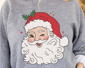 Retro Santa Sweatshirt | Vintage Merry Christmas Shirt | Thanksgiving Holiday T-shirt Festive Season Tee