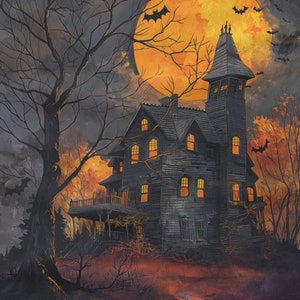 Puede incluir: Una manta de tiro de temática de Halloween espeluznante con una casa oscura y misteriosa con ventanas brillantes, sobre un fondo de una gran luna naranja y un bosque oscuro. La manta mide 60 pulgadas por 80 pulgadas.