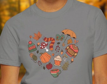 Fall Doodles Heart T-shirt: Autumn Season Icons Tee