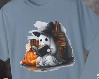 Linda camiseta de fantasma leyendo libros, camiseta de Halloween de libros, regalo espeluznante para maestros, camiseta de bibliotecario escolar, camiseta de fantasma de la temporada de calabazas
