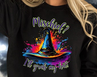 Halloween Mischief Witch Hat Sweatshirt Spooky Party Shirt Funny Trick or Treat Season Womens Shirt