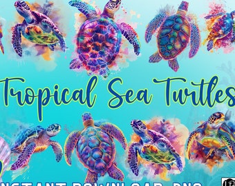 May include: Twelve digital illustrations of colorful tropical sea turtles with watercolor backgrounds. The text "12 Tropical Sea Turtles" is at the top of the image. The text "just $4.99" is at the bottom left of the image. The text "INSTANT DOWNLOAD .PNG" is at the bottom center of the image.