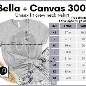 May include: A gray unisex crew neck t-shirt with size chart showing measurements in inches. The chart includes sizes XS, S, M, L, XL, 2X, 3X, and 4X. The text "Bella + Canvas 3001" is at the top of the image.