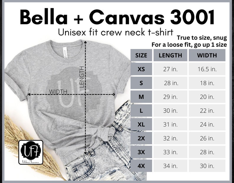 May include: A gray unisex crew neck t-shirt with size chart showing measurements in inches. The chart includes sizes XS, S, M, L, XL, 2X, 3X, and 4X. The text "Bella + Canvas 3001" is at the top of the image.